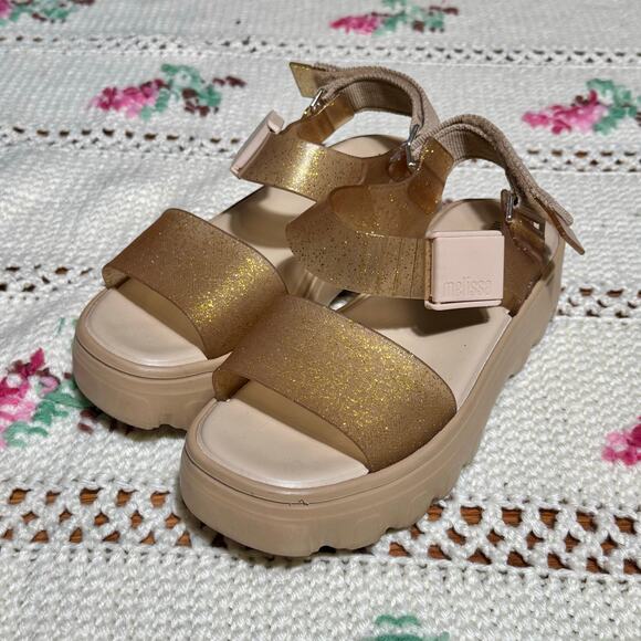 Women’s Melissa Kick Off Sandal Jelly Platforms Gold Glitter size 8 Adustable - Picture 1 of 6